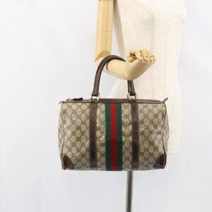 GUCCI GG Supreme Web Sherry Line Boston Bag PVC Beige Red